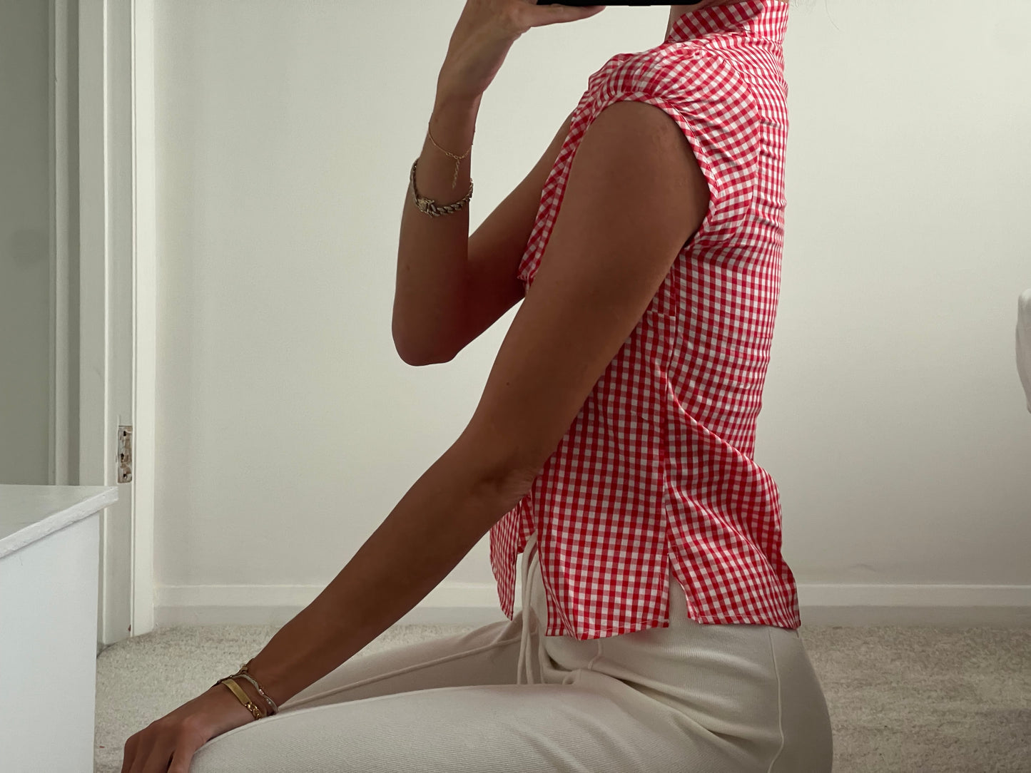 Red and white checkered shirt blouse