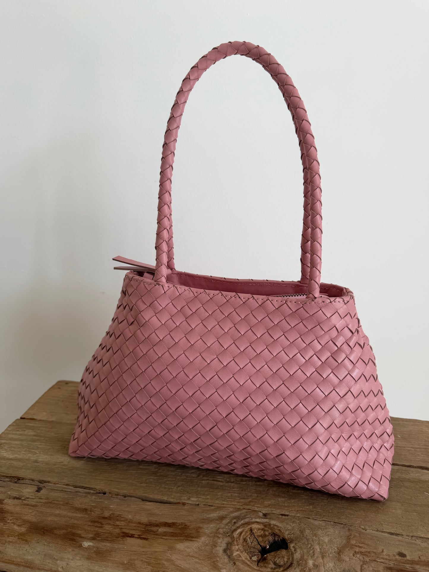 Pink Leather Woven Handbag