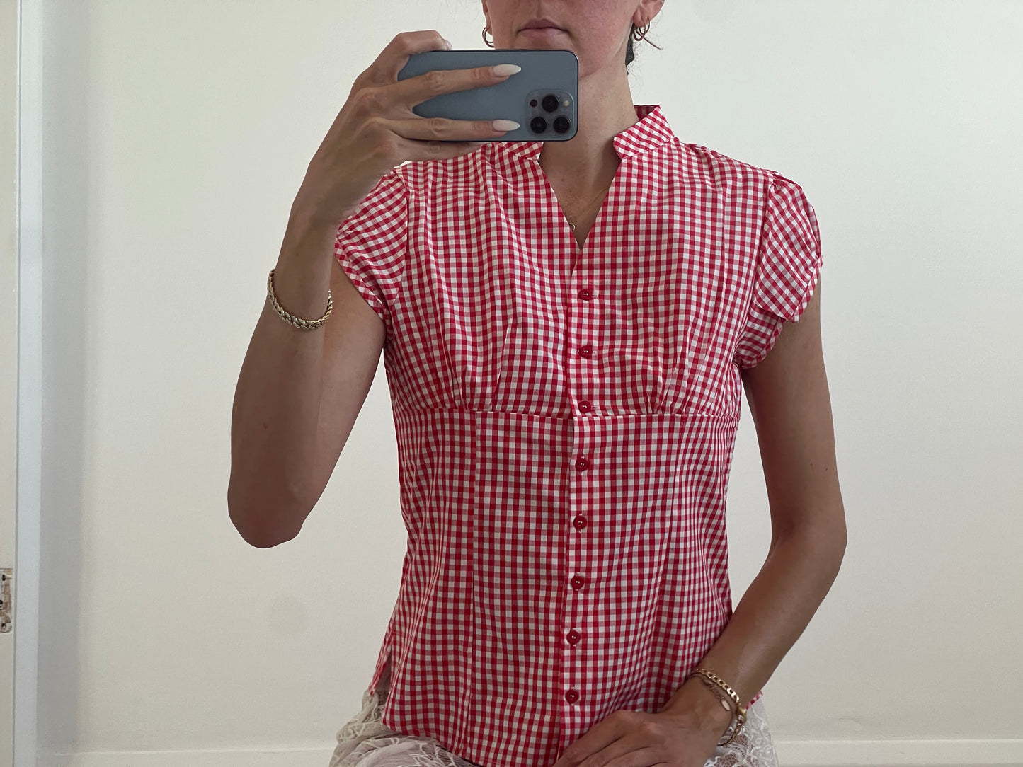 Red and white checkered shirt blouse