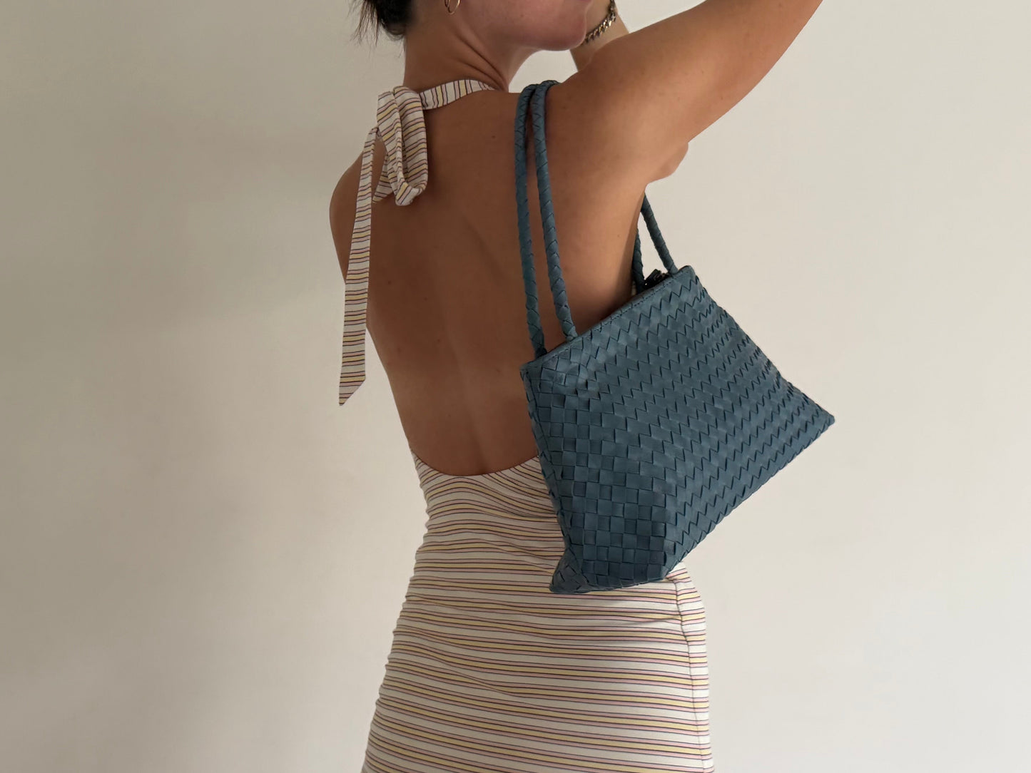 Blue Leather Woven Handbag