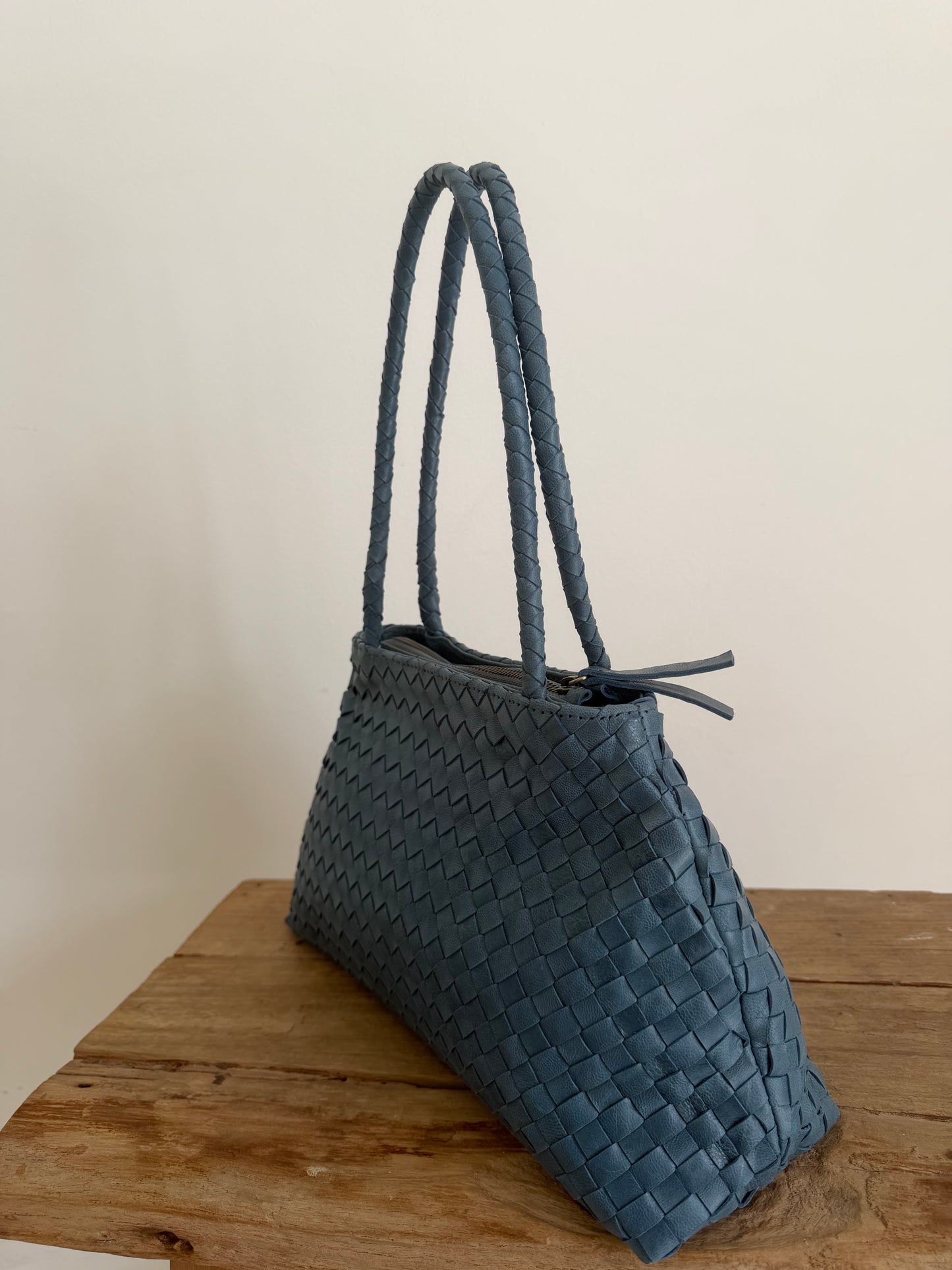 Blue Leather Woven Handbag