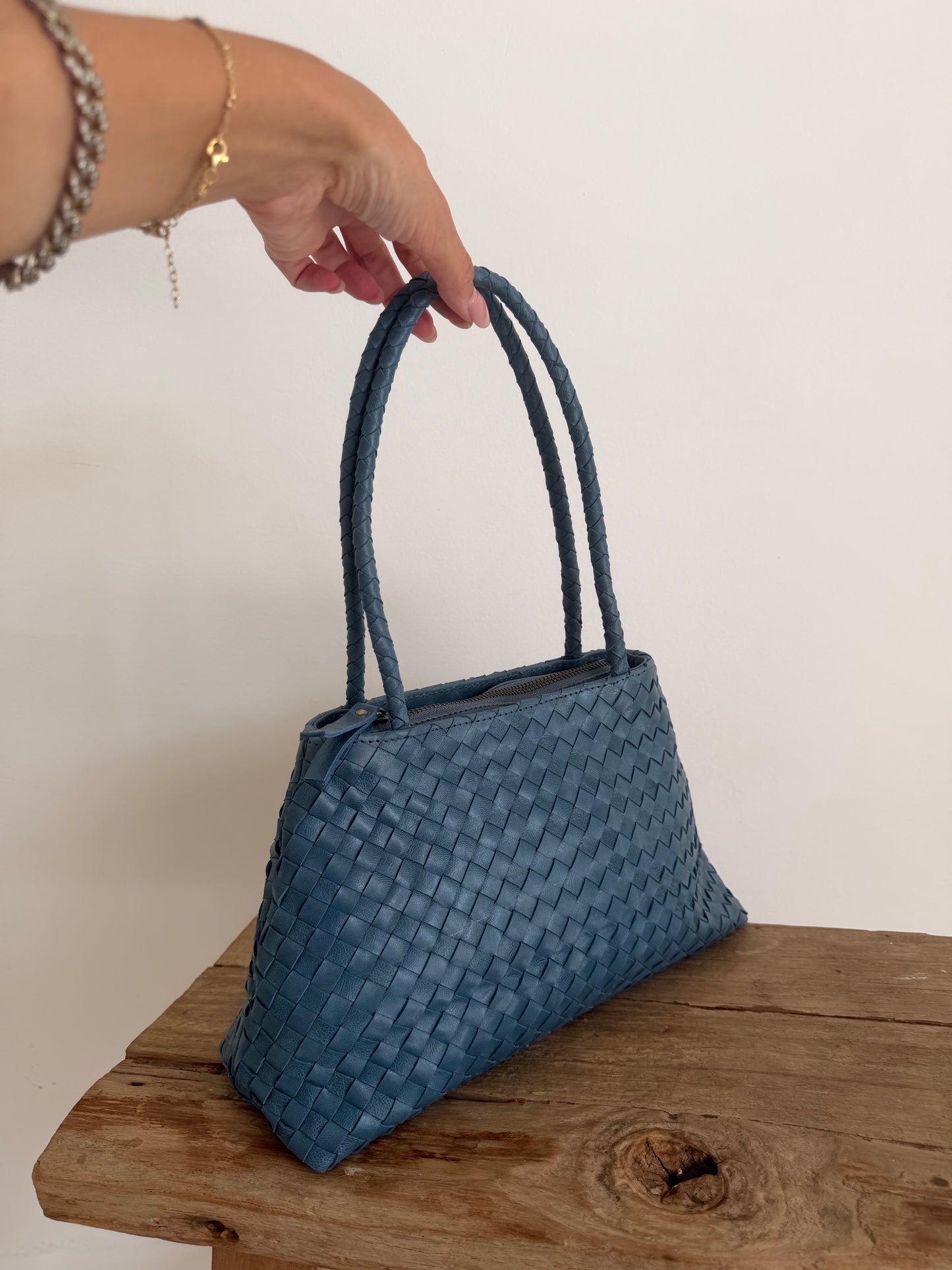 Blue Leather Woven Handbag