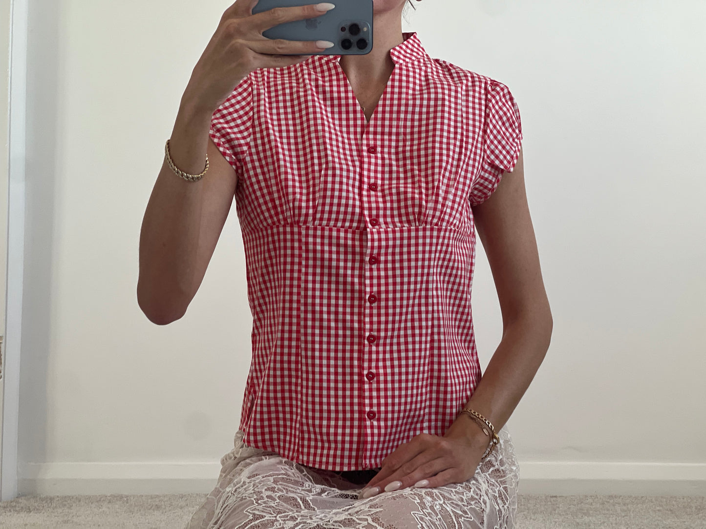 Red and white checkered shirt blouse