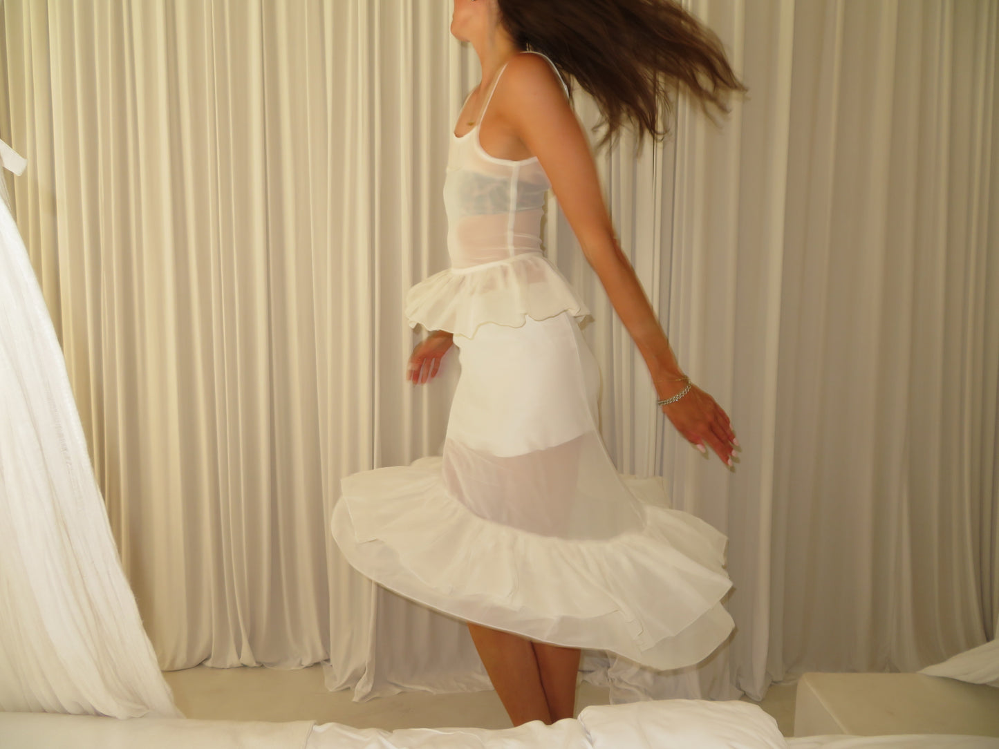 Cream high waisted ruffle skirt