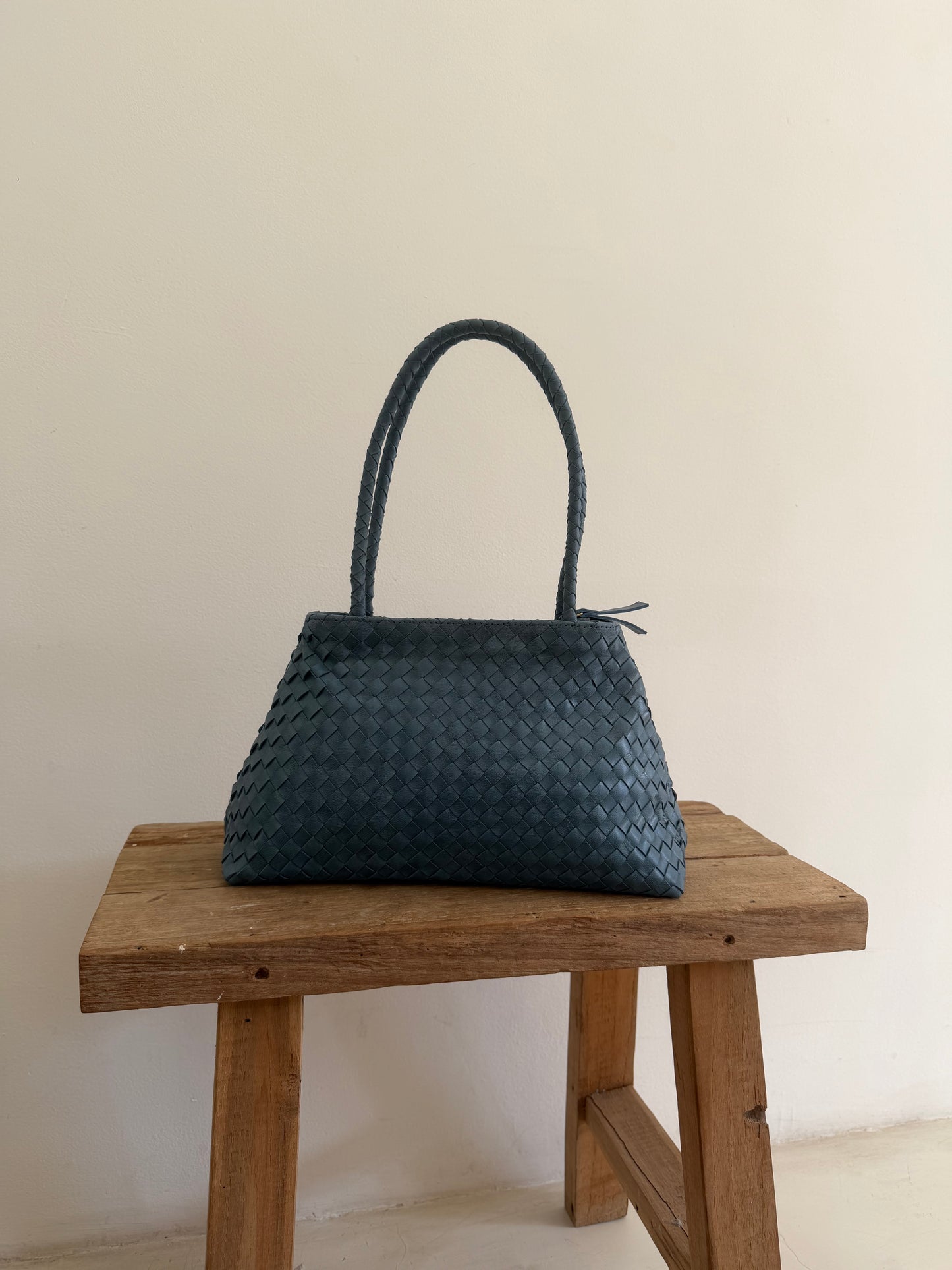 Blue Leather Woven Handbag