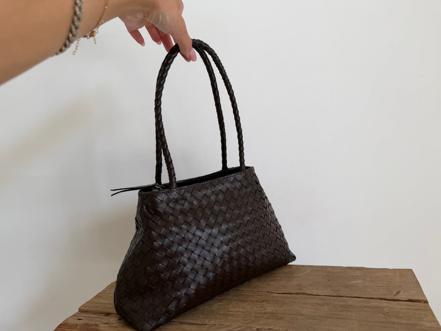 Brown Leather Woven Handbag